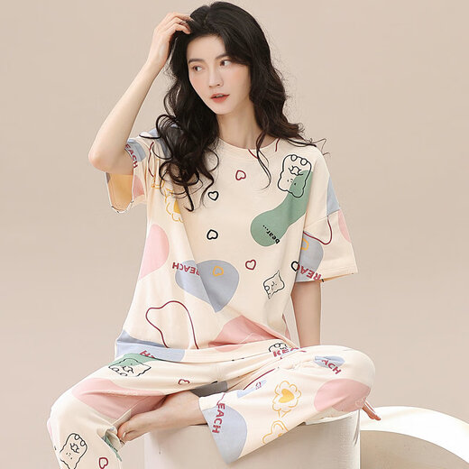 浪莎（LangSha）睡衣女款夏季短袖长裤2025年新款休闲可外穿夏天全棉家居服套装 Y671 S