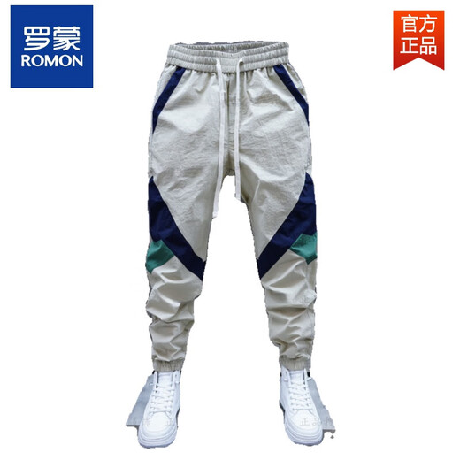 罗蒙（ROMON）男士春秋新款拼色束脚休闲裤松紧腰拼接小脚裤潮流新款时尚哈伦裤 黑色 32 建议135-150斤