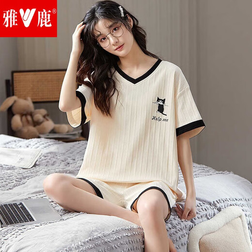 Yalu summer pajamas for women, solid color cotton large size short sleeve thin two-piece set for students Korean version can be worn outside in spring and autumn Military green Y687 picture color M code (recommended 75-95 Jin [Jin equals 0.5 kg]b