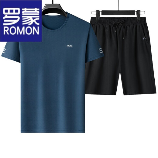 罗蒙（ROMON）休闲套装男士夏季短袖套装男冰丝t恤男薄款运动体恤汗衫2025新款 PZ5012-黑色【蓝上衣+黑短裤】 XL 175建议130-150斤