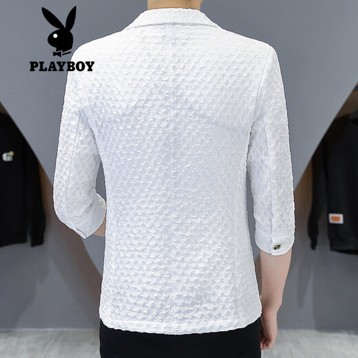 花花公子（PLAYBOY）西服男士夏季中袖上衣薄款修身七分袖休闲小西装潮流男装夏装外套 白色 M 80-102