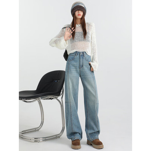 Bunte Juwelen Retro blau hohe Taillenweit-Bein-Jeans, damit Sie schlank und lose Hüft-Designen-Scimitar-Hosen DH1289-0 Retro Blue Länge xs aussehen lassen