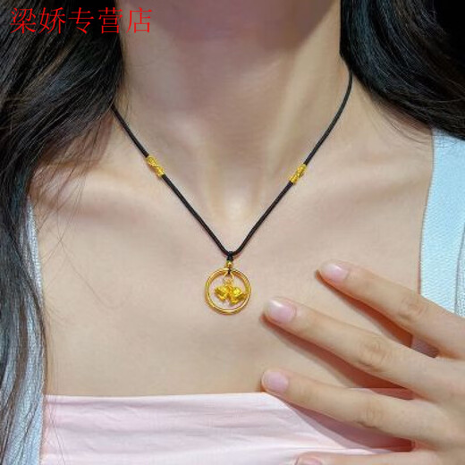GRAYCEWODY Old Phoenix 999 gold lily of the valley flower pendant for women new simple plain circle peace buckle woven black rope clavicle necklace gold lily of the valley flower pendant for women new simple plain circle