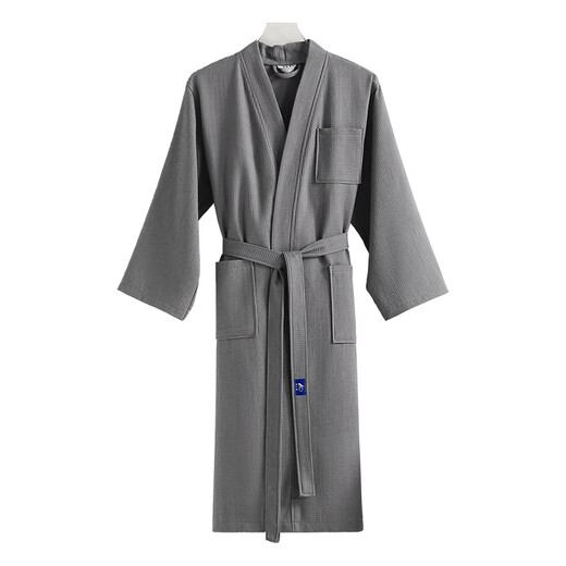 Bamboo one hundred bathrobe, pure cotton absorbent bathrobe, simple home bathrobe, sweat steaming clothes, waffle men's and women's nightgown, gray size M