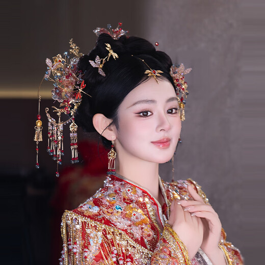 Fujiu Chinese wedding handmade liquid flower light color phoenix hairpin ancient costume hair accessories retro Hanfu bride traditional headwear set hair accessories set G0190