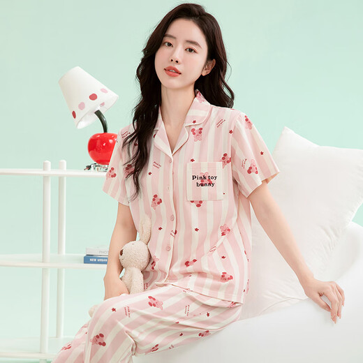 Fundenk ein Pyjama Frauen reines Baumwollsommer neuer Revers-Kurzärmer-Hosen Cartoon Damen Home Clothing Set