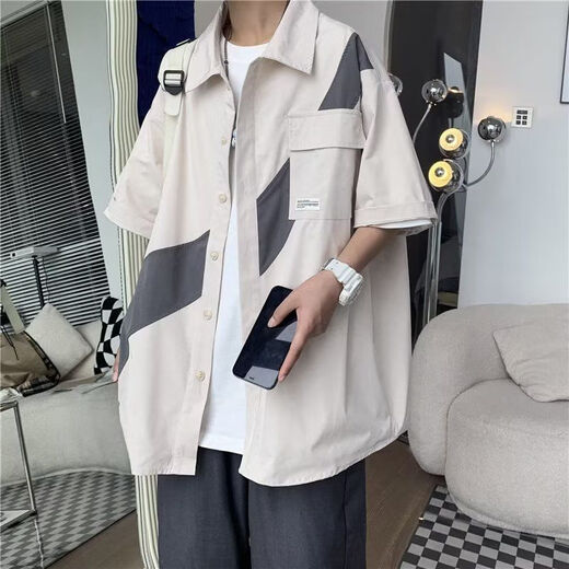 S.SOFEA夏季短袖工装三件套男学生百搭帅气衬衫套装 三件套 1283黑色+工装短裤+T恤 XS