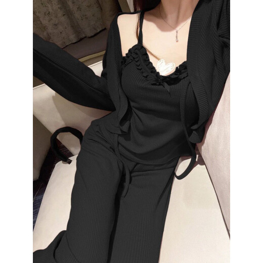 
FHHUABD French pure lace sexy women's pajamas with chest pad three-piece set spring and autumn bow suspender cardigan home clothes 677 cut men's lace three-piece set [with chest pad] M [Suggested 95 Jin [Jin equals 0.5 kg]]