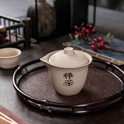 Kung Fu tea set for home, one bowl and two cups, simple tea making, ceramic tea cup for entertaining guests, rough ceramic hand pot (Zen tea), one pot and two cups