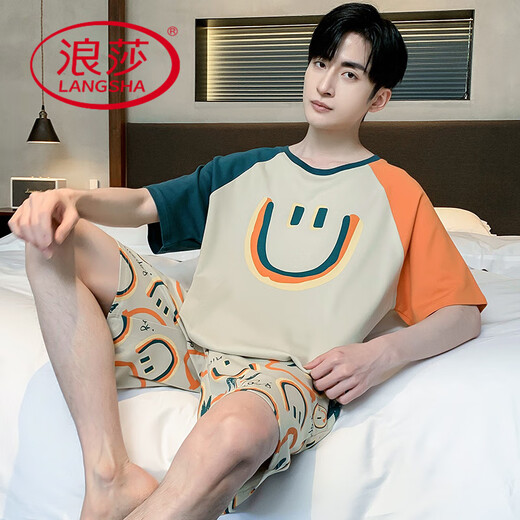 Langsha Summer Pyjamas Herren 2025 Neue Pure Cotton Short Sleeve Shorts Dünne Sommer-Teenager Full Cotton Home Clothing Set W9928 [reines Baumwoll-Kurzarm-Männer] l [100-130jin [Jin gleich 0,5 kg]]]