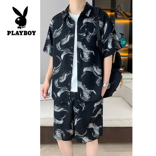 Playboy (Playboy) Shirt à manches courtes d'été masculin Set Youth Keorn Korean Style Trendy Thin Ice Silk Shirt Un ensemble de vêtements lâches et beaux 679 Black 2xl