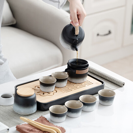 Jinpan Travel Tea Set with Tea Tray Outdoor Portable Ceramic Storage Bag Complete Kung Fu Tea Set Men’s Hand Gift Gradient Lift Pot Set Gray Leather Bag