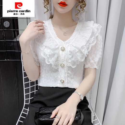 Pierre Cardin 2025 Spring and Autumn New Korean Style Fashionable V-neck Lace Ruffled Chiffon Shirt Elegant Super Fairy Top for Women Apricot V-neck Long Sleeves Soft Breathable Fabric Lined 2XL 125-150Jin Jin is equal to 0.5kg