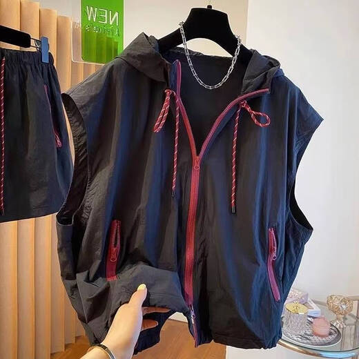 
UKUHPK Extra Large Size 300Jin [Jin equals 0.5 kg] Hooded Vest Sleeveless Spring and Summer Outdoor Light and Evergrande Loose Casual Quick Dry Sunscreen Jacket 1105 Black XL