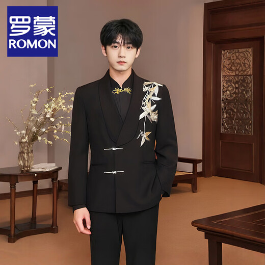 ROMON New Chinese style Chinese tunic suit with golden bamboo embroidery suit for men, green fruit collar, high-end, loose, small suit jacket, black suit + pants + gold embroidered black shirt XL