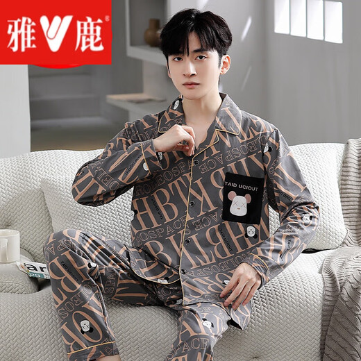 雅鹿睡衣男士春秋季长袖青少年休闲卡通薄款家居服夏天大码学生套装冬 9927:卡通口袋 L