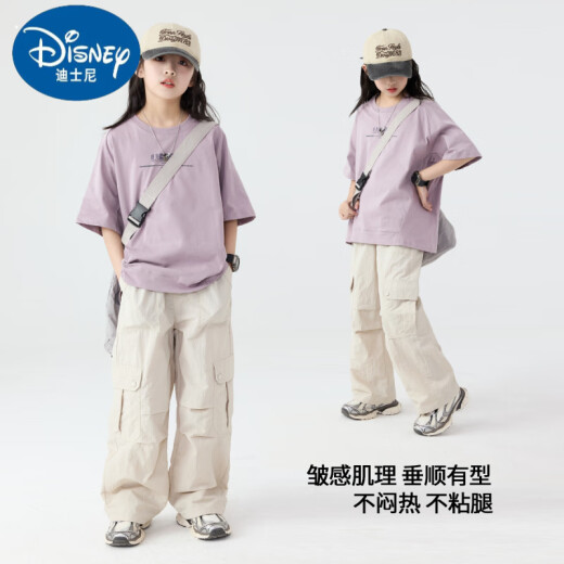 迪士尼女童夏季套装儿童2025新款洋气时髦运动短袖女大童夏装女孩工装裤 15265杏色+19150紫色 120 cm