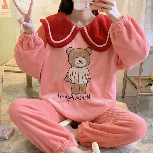 FHHUABD睡衣女秋冬季法兰绒韩版甜美卡通公主风家居服珊瑚绒加厚保暖套装 【9934绒】粉色蝴蝶结 M