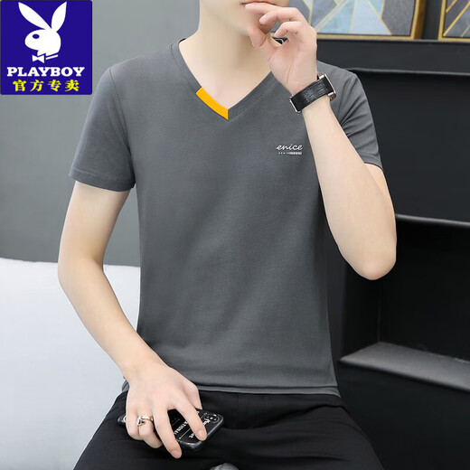 Playboy Summer New Men's Pure Cotton V Neck Half mandeve T-shirt Trendy Casual Small Letter Imprimer Collier de coeur de poulet Collier à manches courtes 691 Bleu et gris 2xl 135-150Jin [Jin est égal à 0,5 kg]