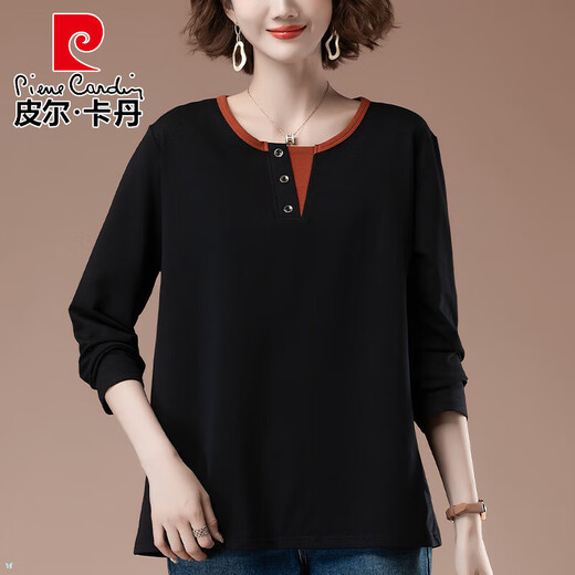 皮尔卡丹（pierre cardin）加肥加大码长袖T恤女2025春秋中年妈妈时尚百搭遮肚显瘦减龄打底 黑色【6187】 L