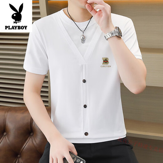 Playboy a un t-shirt à manches courtes en V pour hommes en été à la tendance des boutons minces pour les faux cotons mercerisés en deux pièces pour hommes 5588-6623 blanc M 90-105Jin [Jin est égal à 0,5 kg]