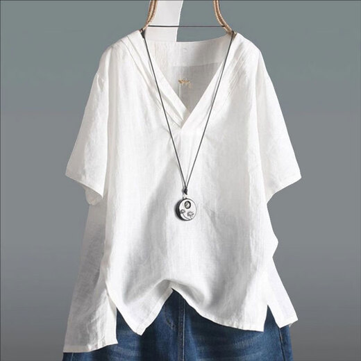 
Zimu Cotton and Line 2025 Summer Clothing for Women, irregular short-sleeved loose slim literary solid color V-neck T-shirt top 3271 White L (Suggested 115-125Jin [Jin equals 0.5 kg])