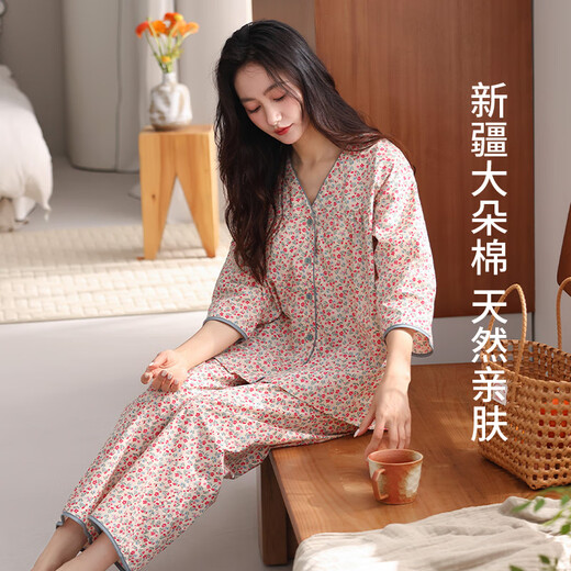 新一步七分袖九分裤女款睡衣V领印花大码开衫透气家居服套装 S4839-琉璃橙 M
