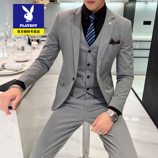 
Playboy suit suit men's three-piece Korean style slim business formal suit casual little suit groom best man wedding dress 719/black [two-piece suit + pants] 2XL Recommended 135-145Jin [Jin equals 0.5 kg]