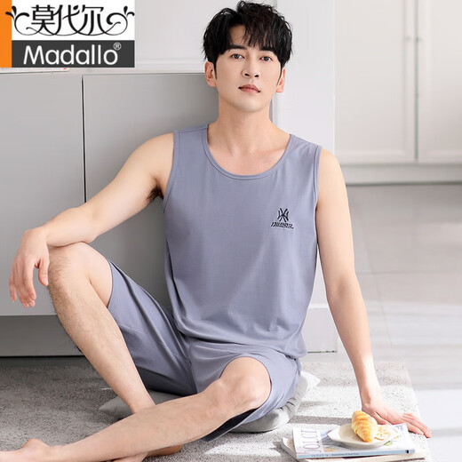 Modal-Pyjama für Herren, Sommer-Eisweste, Shorts, Heimkleidung, Sommer, dünn, atmungsaktiv, ärmellos, Herren-Oberbekleidung, Anzug M1047, Grau, Blau, M, empfohlen 100–120 Jin Jin entspricht 0,5 kg
