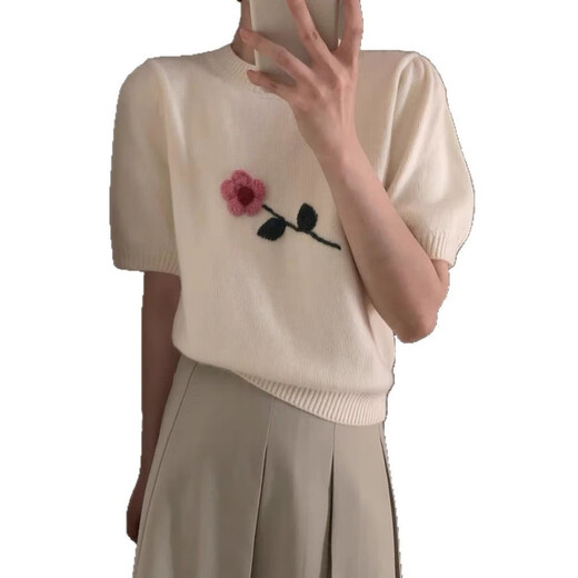 NJSKAKW粉色正肩短款T恤上衣女春夏季新款针织衫百搭小香风泡泡袖针织衫 白色 均码 12247【80-115斤】
