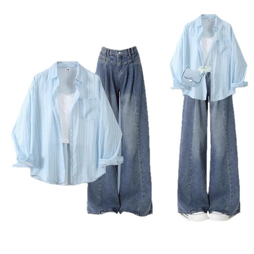 Weave -Verlust 2025 Casual Blue Striped Hemd Top Unterwäsche Schlinge Weste mit hoher Taille schlanke Füße Jeans Set M826# Blue Jeans 2xl groß