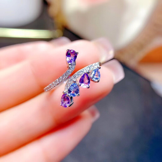 Junpo Fashion New Top Opening Ring Natural Tanzanite + Amethyst Ring 3 4 Sizes 925 Silver Inlaid Amethyst Tanzanite Ring Opening Adjustable