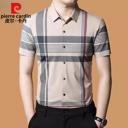 皮尔卡丹（pierre cardin）品牌高档桑蚕丝短袖衬衫男装夏季新款格子休闲免烫高端衬衣男免烫 9856绿色 S 165/80A 建议100-120斤
