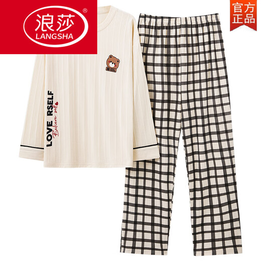 浪莎（LangSha）睡衣女春秋款纯棉韩版长袖可爱两件套装学生夏秋冬季家居服可外穿 GXT9928 M (建议75-95斤)