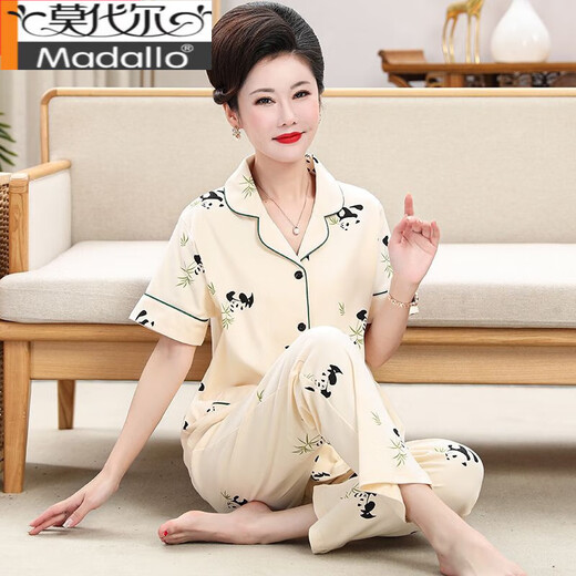 莫代尔中老年人妈妈睡衣女夏季纯棉短袖长裤中年女士开衫套装薄款家居服 YR9929 XL 【建议115-135斤】