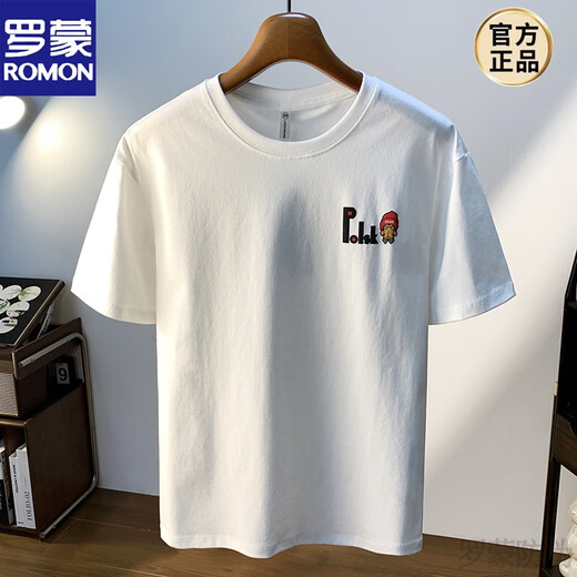 罗蒙（ROMON）大码200斤圆领短袖T恤男2025年夏季港风印花棉质体恤加肥加大男士 白色1 JSW9921 M 建议90-108 斤