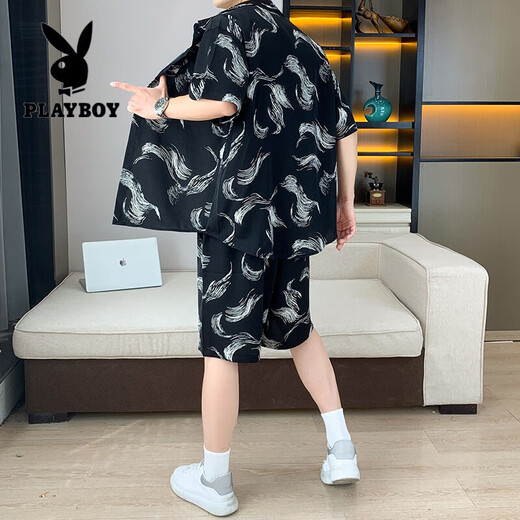 Playboy (Playboy) Shirt à manches courtes d'été masculin Set Youth Keorn Korean Style Trendy Thin Ice Silk Shirt Un ensemble de vêtements lâches et beaux 679 Black 2xl