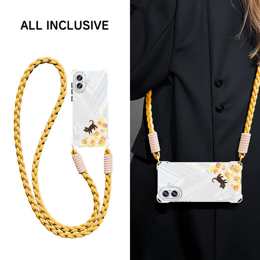 Jingna Applicable to Apple 16 mobile phone case new 16e cartoon Pro can be cross-body lanyard iPhone silicone flower cat promax four corner anti-fall women's protective cover transparent - flower cat blue - pendant B109 Apple 16