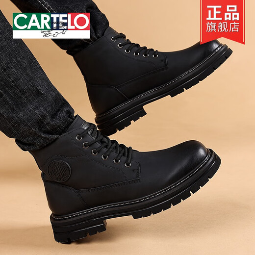 Cartelo Spring and Automne Martin Boots Men's 2025 Nouveau cuir haut toit épais semelles masculines Boots British Style Boots Warm and Fleece Boots Black 41