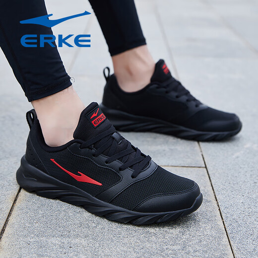 Hongxing Erke Men's Shoes 2025 New Winter Breathable Mesh Sports Shoes Men's Youth Casual Travel Shoes Soft Sole Running Shoes Black/Red (Mesh Four Seasons Style) 3291 43