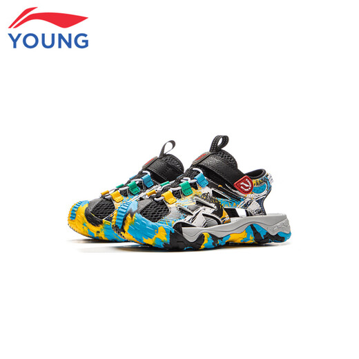 Li Ning (LI-NING) children's shoes, children's sports sandals, summer style, men's and women's, fashionable, versatile mesh breathable Velcro trendy sports shoes, black/space-time blue/standard white 30-3 28