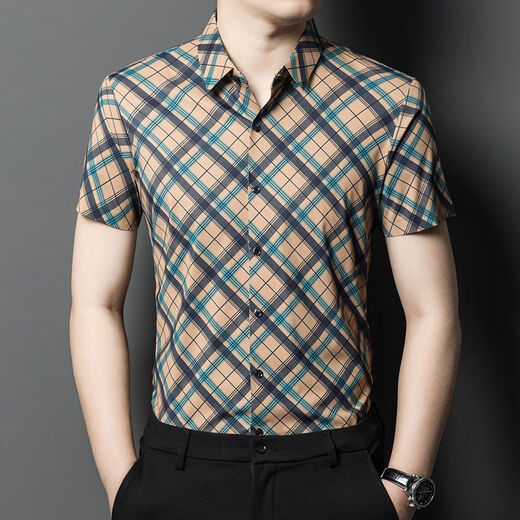 PIERRE CARDIN Middle-aged Dad Contrast Color Plaid Short Sleeve Shirt Men's Trendy Plaid Shirt Casual Half Sleeve Inch Shirt Top 9902 Striped Short Sleeve Yellow Single Size 165/84A Recommended 95-120Jin [Jin equals 0.5 kg]