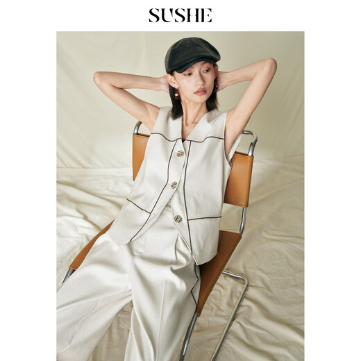 SUSHE Fashionable Old Money Silver Twill V-neck Vest Loose Folded Wide-leg Pants Suit Women's Spring Champagne Rice-Pants S