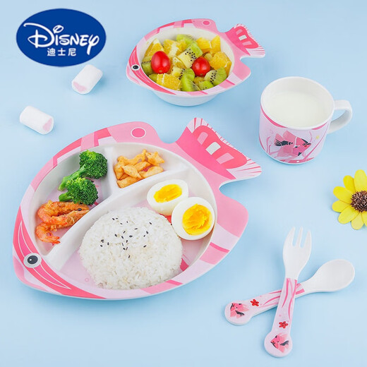 迪士尼（Disney）可爱卡通竹纤维儿童餐具网红家用分格鱼形餐盘儿童勺叉碗盘碟套装 鱼形餐盘五件套粉