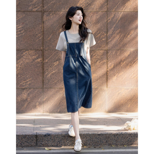 
Demana [Fake two pieces to play with layering] Summer round neck pure cotton short-sleeved knitted denim women's dress