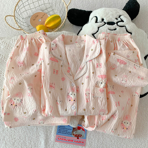 Jingpufei Summer Tulip Rabbit Pyjamas pour femme coton de coton Sweet Home Clothes Three Set Yunduo Cotton-9905 # Black Love Treece Set M [Suggestion 75-100jin [Jin est égal à 0,5 kg]]]