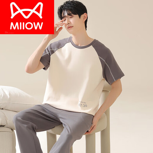 猫人（MiiOW）男士睡衣男款夏季纯棉短袖长裤薄款夏天青少年家居服套装 F 13603 L