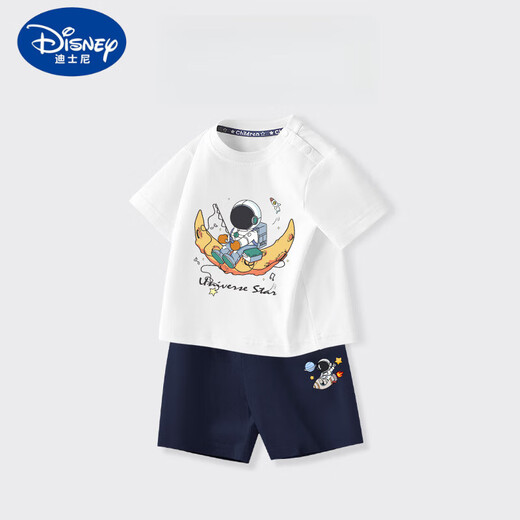 迪士尼（Disney）男童短袖套装宝宝a类纯棉上衣2025夏季小童宝宝运动短裤圆领上衣 AP12088X杏+I12088K藏青 80 cm