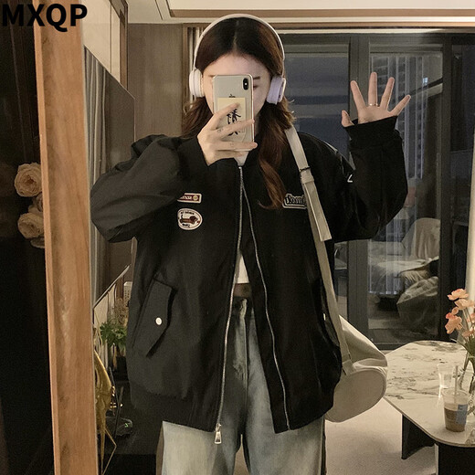 MXQP College Style Baseball Uniformjacke für Frauen im Frühjahr und Herbst Neue losen Casual Spleißen kontrastierender Farbstech -Halsband -Top -Trend 1047 Aprikose [95jin [Jin entspricht 0,5 kg]]