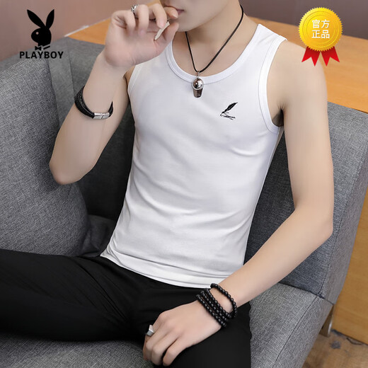 花花公子（PLAYBOY）男士夏季纯棉背心薄款紧身弹力健身坎肩无袖运动T恤纯色打底衫 6296白色纯色 3XL 150-165斤